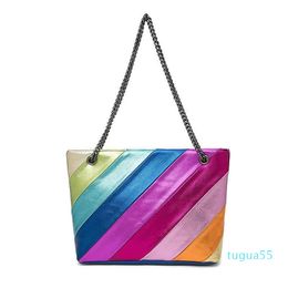 Women's Bag Color Contrast Stitching Chain Crossbody Bag Rainbow Handheld Shoulder Bag