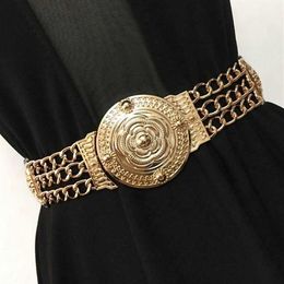 2019 Women Flower Waist Belts Fashion Ladies Floral Elastic Wide Gold Metal Belt For Dress Female Golden Chain Belt Girls217K