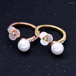 Cluster Rings Bulk Price Open Glass Pearl Shell Ring For Women Gold&Rose Gold Color Copper Crystal Friendship Jewelry Accessory