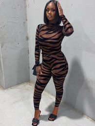 Women's Two Piece Pants Brown Black Zebra Stripe 2 Club Outfits For Women Mesh Sheer Long Sleeve Slim Fit Tops And Sheath Legging Co Ord Set