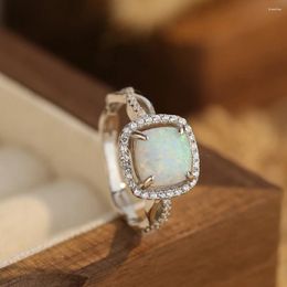 Cluster Rings 925 Silver White Opal Women Vintage Gemstone Square Ring Female Platinum Plated Zircon Luxury Jewelry Girl Gift Lady Party