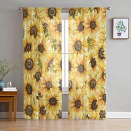 Sunflower Watercolor Flowers Tulle Curtains for Living Room Bedroom Decoration Transparent Chiffon Sheer Voile Window Curtain 240109