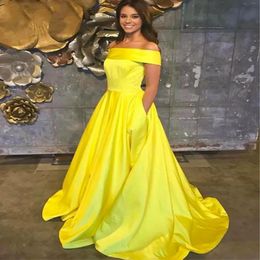 Dresses Prom Party Gown Yellow Evening Dresses New Formal Girls Pageant A Line Satin Plus Size Custom Lace Up Ball Gown OffShoulder Batea