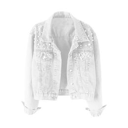 Denim Jacket Solid Single Breasted Cropped Thermal Beaded Long Sleeve Cardigan Faux Pearl Fall Coat 240109