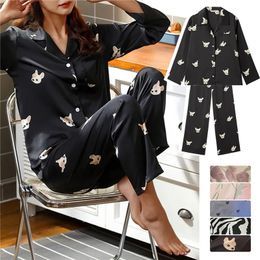 Women VNeck Satin Pajama Sets Long Sleeve Top Trousers Silk Home Suit Spring Autumn Elegant Temperament Printed Sleepwear M2XL 240108