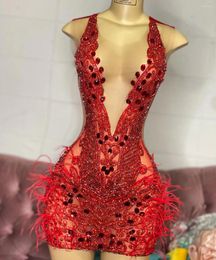 Party Dresses Red Sexy Diamond Short Prom Black Girls Feather Birthday Beaded African Mini Cocktail Homecoming