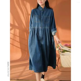 Casual Dresses Women Single Breasted Turn Down Collar Denim Dress Solid Pockets Button Slight Strech Loose Fit High Street