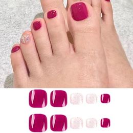 False Nails 24pcs Girls Toe Square Full Cover French Rose Red Fake Toenails