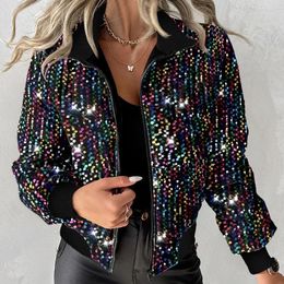 Zipper Puffer Jacket Women Colorful Allover Sequin Print Jackets Coat Turn Down Collar Straight Coats Casual Elegant 240109