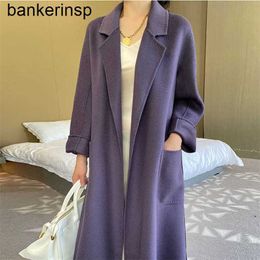 Cashmere Coat Maxmaras Labbro Coat 101801 Pure Wool M Family Wool Labbro Water Wave sided Cashmere Women's Long Lace up Bathrobe WoolenB80M