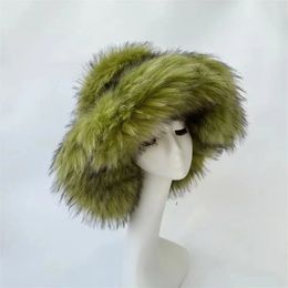 Fashion Faux Raccoon Bucket Hats For Women Winter Warm Big Faux Fur Fluffy Luxury Plush Fisherman Caps Outdoor Ski Panama 240108