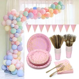 Disposable Tableware Set Pink Gold Party Balloons Paper Plate Cup Adult Kid Birthday Decoration Baby Shower Wedding Decor 240108