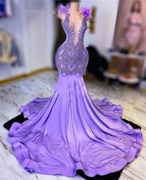 Purple O Neck Evening For Black Girls Feathers Birthday Party Gowns Mermaid Beaded Crystal Long Prom Dresses Robe De Bal 322