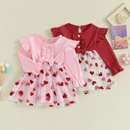 Girl Dresses Valentine's Day Infant Toddler Long Sleeve Tutu Dress Baby Girls Round Neck Heart Mesh Print 3D Bow Frill Princess