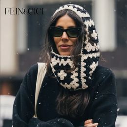 Colourful wool knit Balaclava Granny wooden Square Winter warm Crochet Hoodie hat Winter Accessories 240108