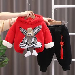 Autumn Winter Children Boy 2PCS Clothes Set Cartoon Cat Velvet Hoodies Solid Thick Jogger Pant Kid Boy Suit Baby Boy Outfit 240108