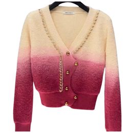 Women's v-neck long sleeve high quality knitted gradient Colour rhinestone patched asymmetric buttons sweater cardigans SML