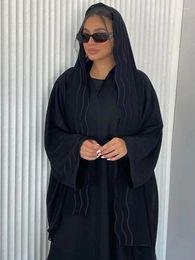 Ethnic Clothing Black Embroidery Hijab & Abaya For Women Dubai Cardigan Muslim Abayas With Scarf Set Party Dress Kaftan Long Robe Caftan