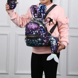 School Bags 3pcs/set Sequins Women Ears Rucksack For Teenage Girl Fashion Bling Student Bag