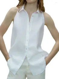 Women's Blouses 2024 Women Summer Elegant Button Up Sleeveless Halter Neck Shirts Office Lady Cotton Linen White Work Business Blouse Chic