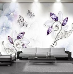 Custom Any Size 3d Wallpaper Purple Crystal Floral Butterfly Beads Living Room Sofa TV Background Wall Decoration Mural Wallpape9447076