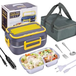 1pc Lunch Box elettrico Riscaldatore per alimenti Riscaldamento portatile per auto e case Contenitore in acciaio inossidabile Forchetta Cucchiaio 240109