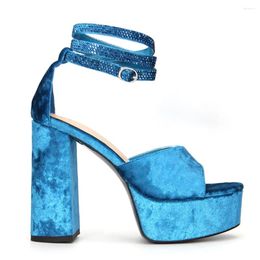 Sandals 2024 Brand High Quality Women's Platform Velvet Open Toe Rhinestone Ankle Strap Block Heels Party Prom Shoes