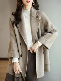 Winter Wool Coats Fashion Overcoat Female Elegant Solid Thick Woollen Coat Double Breasted Long Jackets Office Trench Women 240108