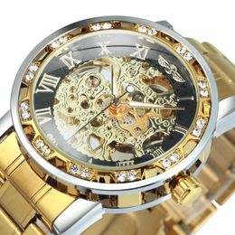 WINNER Transparent Skeleton Mechanical Watch for Men Fashion Diamond Luminous Mens Watches Top Brand Luxury Steel Strap Unisex 240109