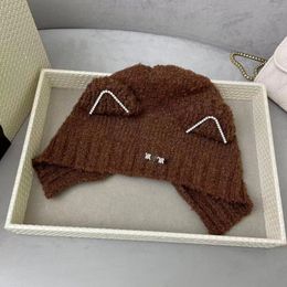 Women Designer Beanies Cute Warm Hat Knitted Wool Hat Cat Ear Rhinestone Ear-protective Hat Autumn and Winter