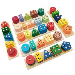 Montessori Wooden Toys Geometric Building Blocks Sorting Stacking Baby Educational Shape Colour Sorter Preschool Kids Gifts 240110