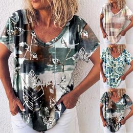 Women's T Shirts Women Vintage Print Top Shirt Tunic V-Neck Short Sleeve Tops Loose Fashion Casual Blouse