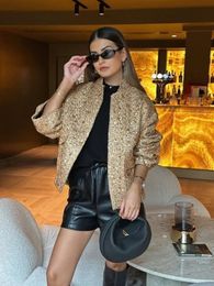 Women Fashion Sequins Shiny Short Jacket Elegant Long Sleeves Stand Collar Crop Coat Autumn Ladies High Street Partywear 240110