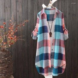 Women's Blouses 2024 Spring Summer Retro Plaid Oversized Street Shirt Casual Long Sleeve Cotton Blouse Tunic Top Female Clothing D137