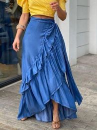 Skirts Women's Pleated Denim Skirt Casual Street Wear Beach Party Club Y2K Vintage Elegant Solid Ruffle Hem Knot Waist Long Dress