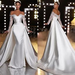 Graceful Off Shoulder Mermaid Wedding Dresses Detachable Train Bridal Gowns Long Sleeves Backless Satin Sweep Train Robe