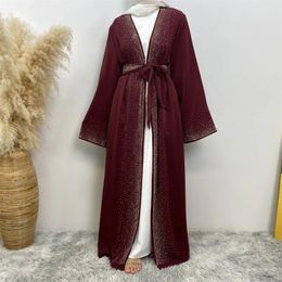 Ethnic Clothing Dubai Open Abaya Muslim Women Diamonds Cardigan Luxury Dress Turkey Arab Robe Islamic Kimono Eid Party Maxi Gown Jalabiya