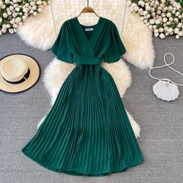 Casual Dresses Elegant Midi Retro Dress Solid Color V-neck Lace-up Waist Slim Pleated Office Lady Vestidos De Mujer