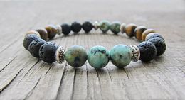 Bracelets Men's Bracelet Natural Lava Stone AfricanTurquoise Yellow Tiger Eye Bracelet Men's Sports Yoga Bracelet Meditation Mala Beads