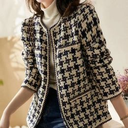 Elegant Weave Plaid Women Blazer with Pocket and Lining Autumn Winter Causal Tweed Coat Office Ladies Suit Jacket Vintage Tops 240109