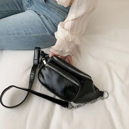 Crossten Waist Bag Fashion Leather Belt Chest Chain Fanny Packs Women Black Solid Double Zipper Banana BumBag Phone Pouch 240110