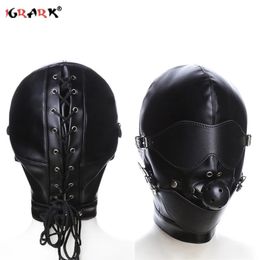 Bondage BDSM Sex Mask Fetish Hood with Gags Leather Sensory Deprivation Hood Adult Slave Games Full Head Sex Toys for Women Men 240109