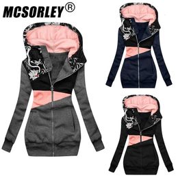 MCSORLEY Women Fashion Printed Jacket Cardigan Spring Autumn Womens Zipper Colour Matching Hooded Sweater Coat 240109