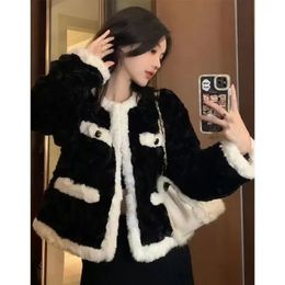 Womens Elegant Ladies Coats Winter Short Lamb Wool Loose Slim Button Cardigan Top with Pocket Coat for Women Clothing 240109