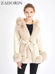 ZADORIN Winter Coat Women Furry Hood Suede Black Faux Fur Coat With Belt Thick Warm Fur Cardigan Faux Fur Jackets for Women 240110