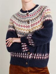 Women's Sweaters Women Cardigan Contrast Crochet Jacquard Fall Winter Retro O-neck Single Breasted Sweater