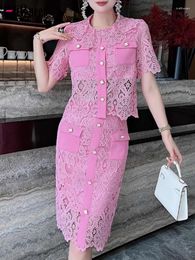 Work Dresses Luxury Women Summer Pockets Patchwork Lace Shirt High Waist Straight Knee-length Skirt Set Elegant 2 Piece Womens Outfits