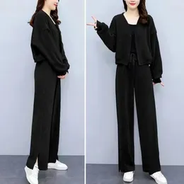 Women's Two Piece Pants Breathable Casual Suit Coat Winter Cardigan Set With Single-breasted Wide Leg Trousers V For Fall