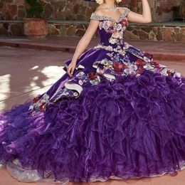 Purple vestidos de 15 anos Quinceanera Dresses Embroidered Applique Beads Tull Tiered Girl Sweet 16 Party Wear robes de soiree