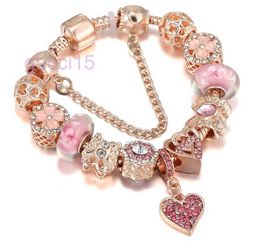 Top Quality Rose Gold Pink Silver Charm Beads Cherry Red Heart Crystal Butterfly Flower Fits European Charms Bracelets Safety Chain Jewellery Diy Women 0XLJ